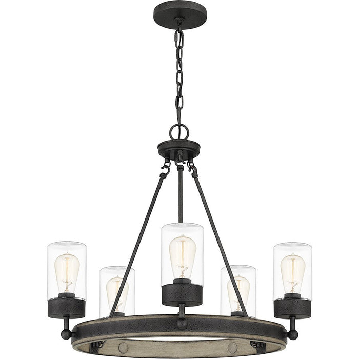 Quoizel Kelleher 5 Light Chandelier, Distressed Iron/Clear