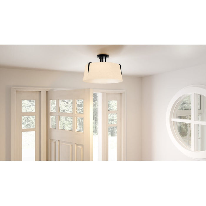 Quoizel Leona 3 Light Semi-Flush Mount, Matte Black/Fabric Shade