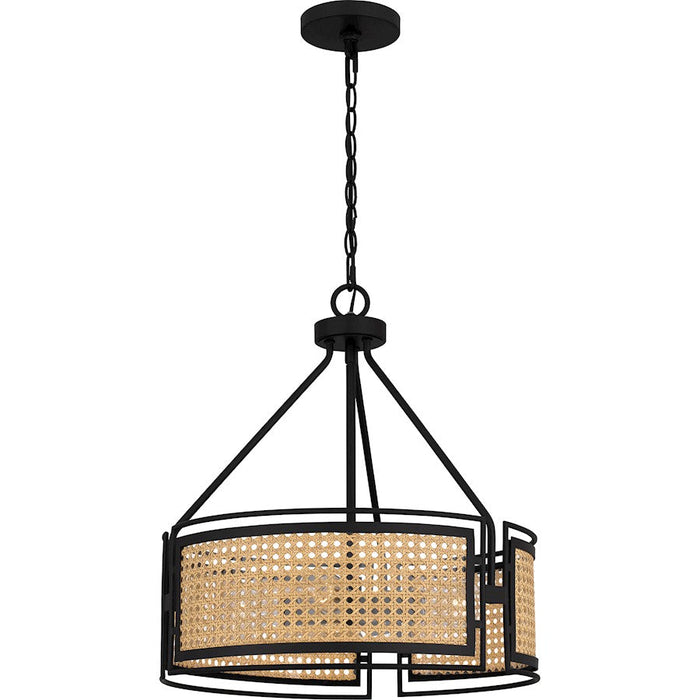 Quoizel Priya 3 Light Pendant, Matte Black/Rattan Caning