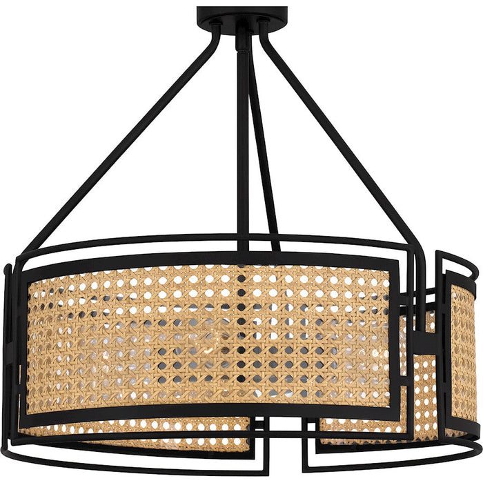 Quoizel Priya 3 Light Pendant, Matte Black/Rattan Caning