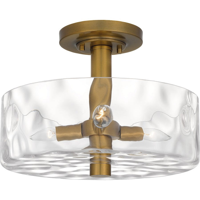 Quoizel Calpella 3 Light Semi-Flush Mount, Aged Brass/Clear Water