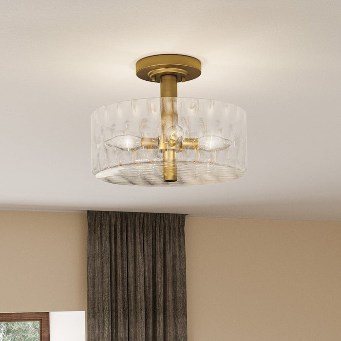 Quoizel Calpella 3 Light Semi-Flush Mount, Aged Brass/Clear Water