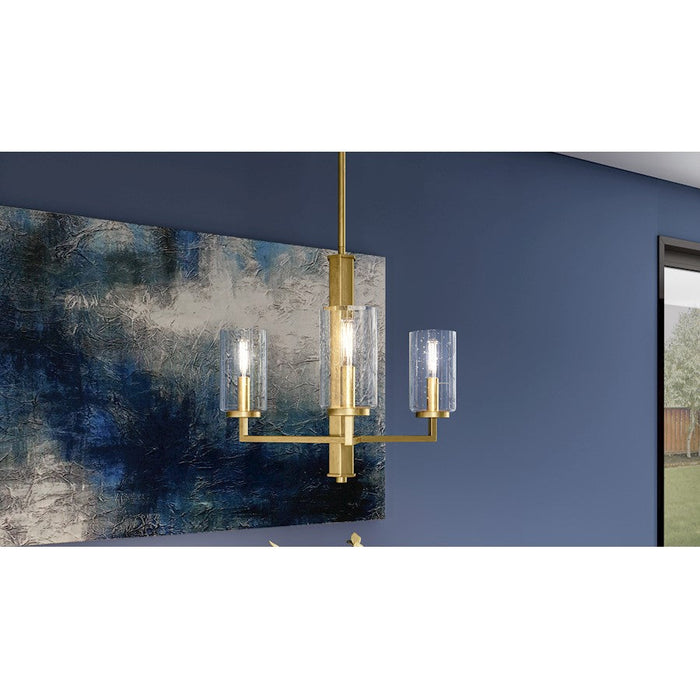 Quoizel Sunburst 3 Light Chandelier, Weathered Brass/Clear Seeded