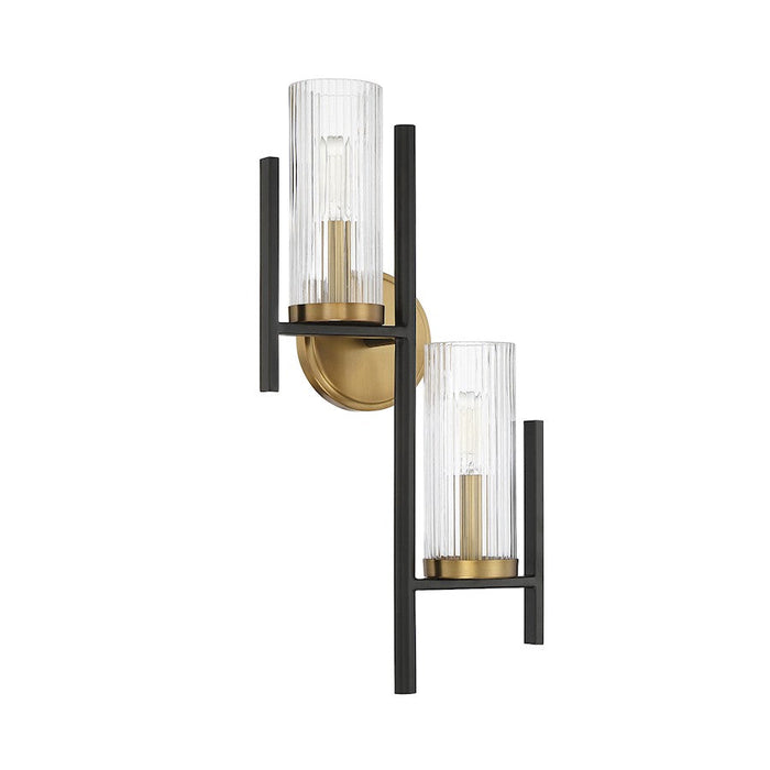 Savoy House Midland 2 Light Wall Sconce, Black/Brass/Clear Ribbed