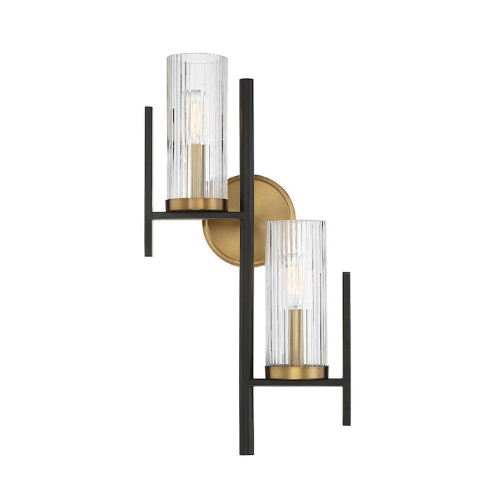 Savoy House Midland 2 Light Wall Sconce, Black/Brass/Clear Ribbed