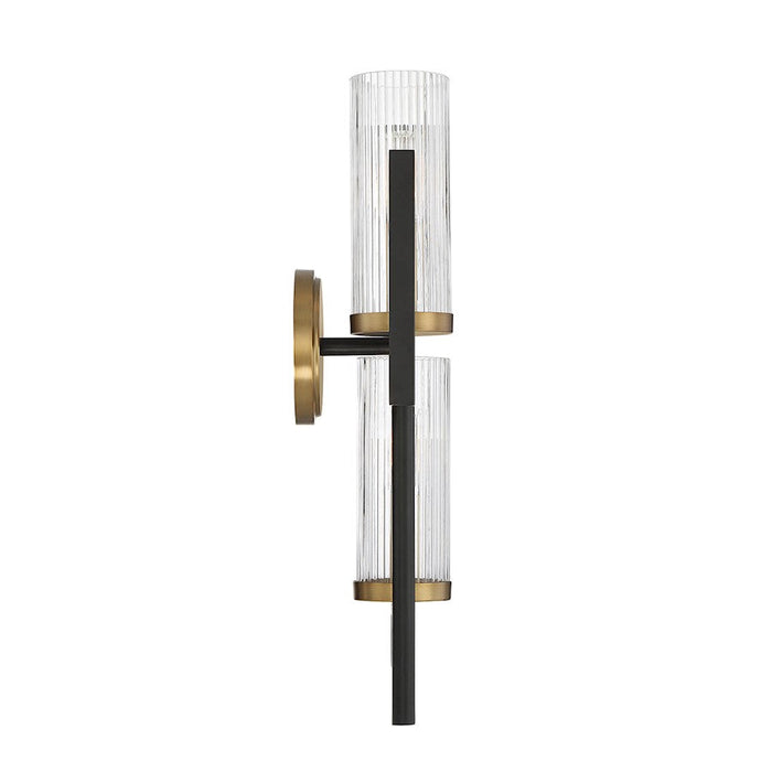 Savoy House Midland 2 Light Wall Sconce, Black/Brass/Clear Ribbed