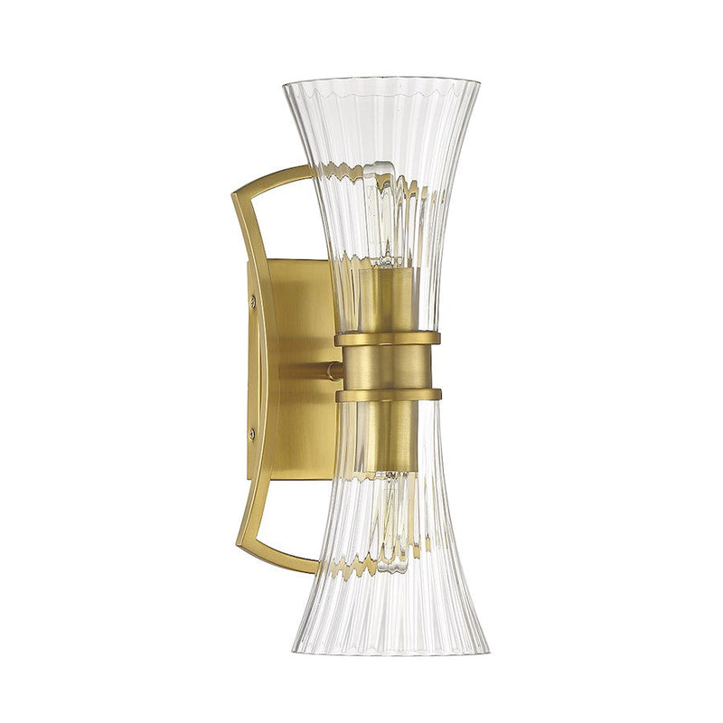 Savoy House Bennington 2 Light Wall Sconce, Brass/Clear Ribbed