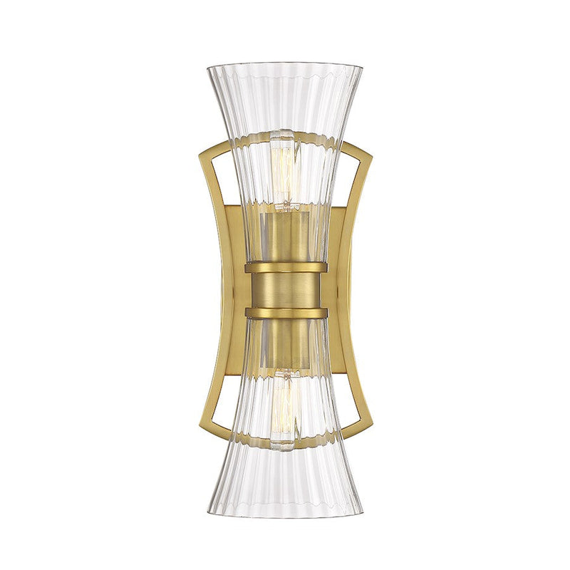 Savoy House Bennington 2 Light Wall Sconce, Brass/Clear Ribbed