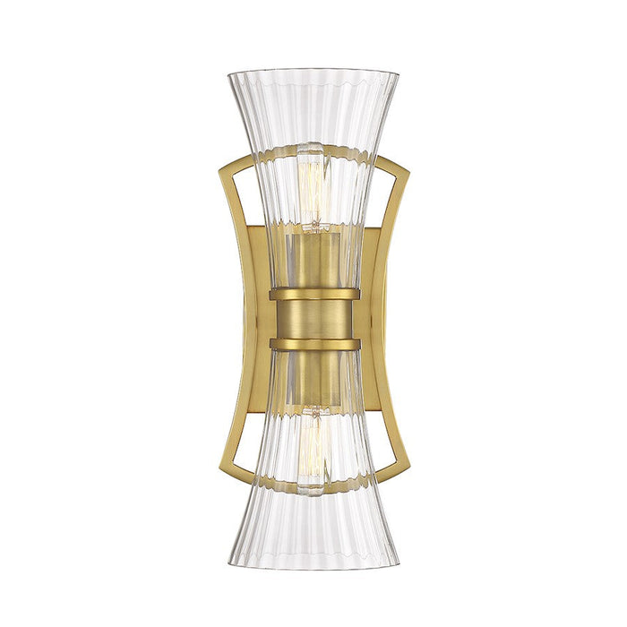 Savoy House Bennington 2 Light Wall Sconce, Brass/Clear Ribbed