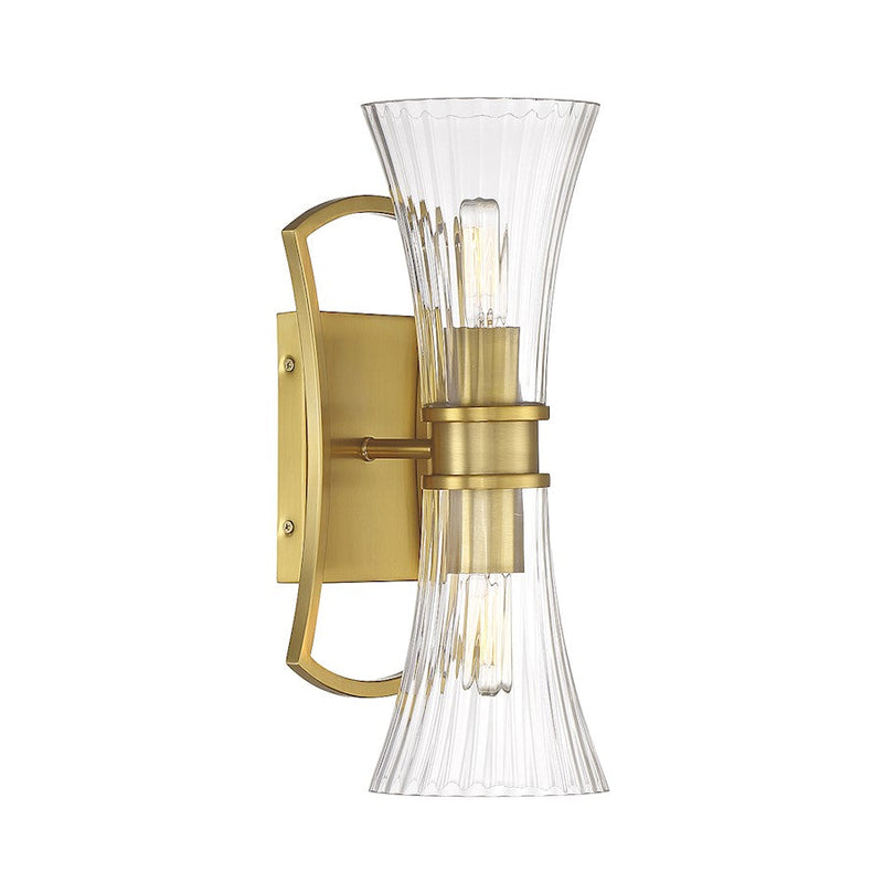 Savoy House Bennington 2 Light Wall Sconce, Brass/Clear Ribbed