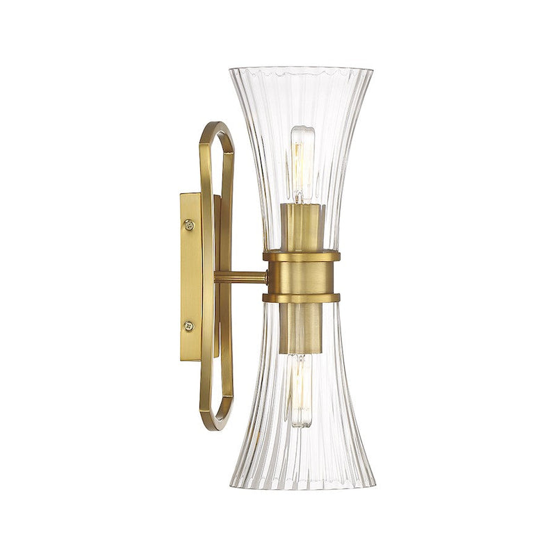 Savoy House Bennington 2 Light Wall Sconce, Brass/Clear Ribbed