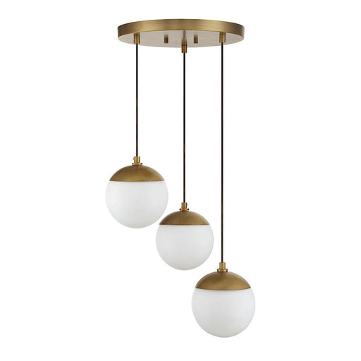 Meridian Mid-Century 3 Light Chandelier, Natural Brass/White Opal - M10055NB