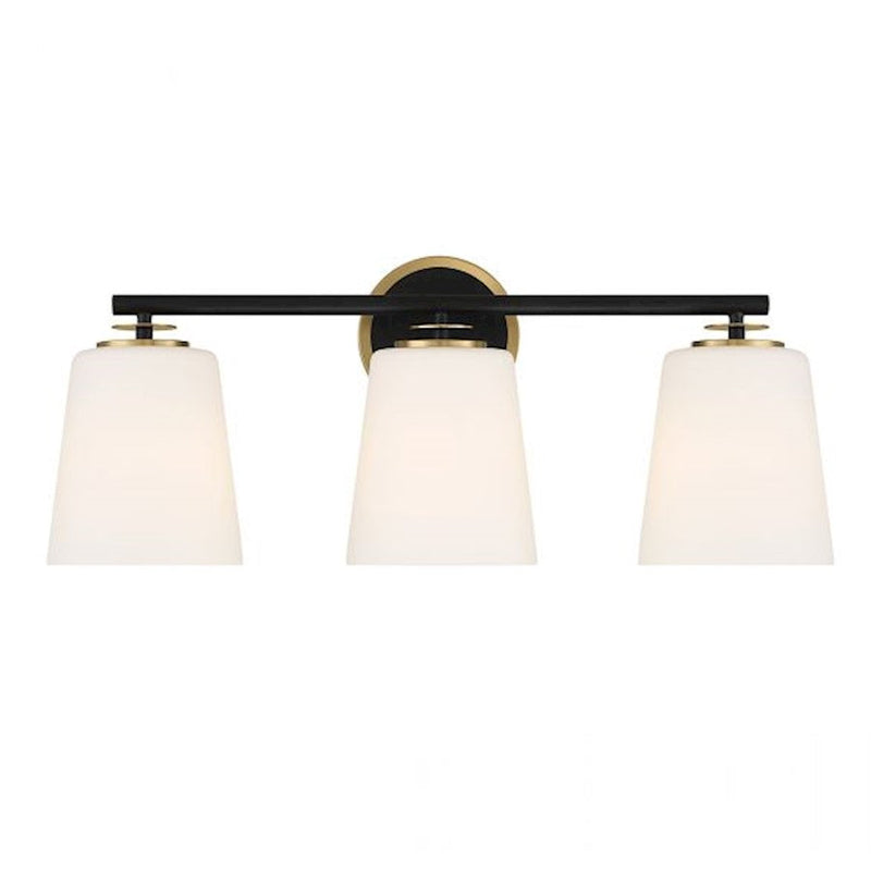 Savoy Meridian 3 Light Bathroom Vanity, Black/Natural Brass/White - M80078MBKNB