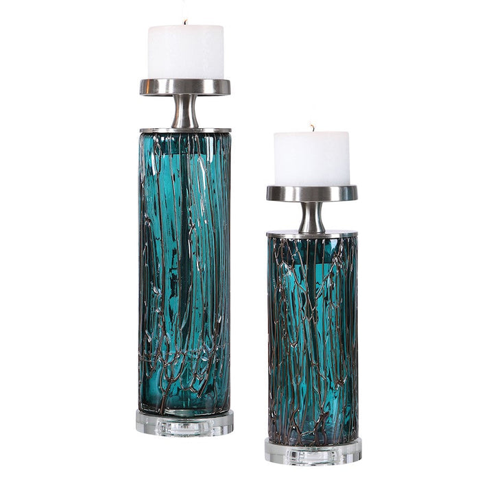 Uttermost Almanzora Teal Glass Candleholders Set of 2