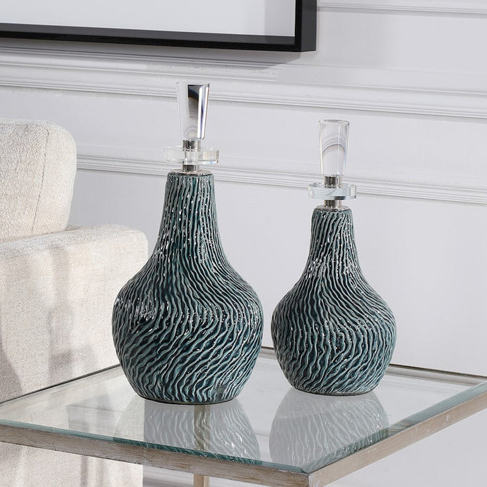 Uttermost Almera Dark Teal Bottles, Set of 2