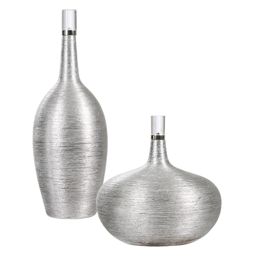 Uttermost Gatsby Silver Ribbed Bottles, Set of 2, Crystal/Brushed Nickel - 17883