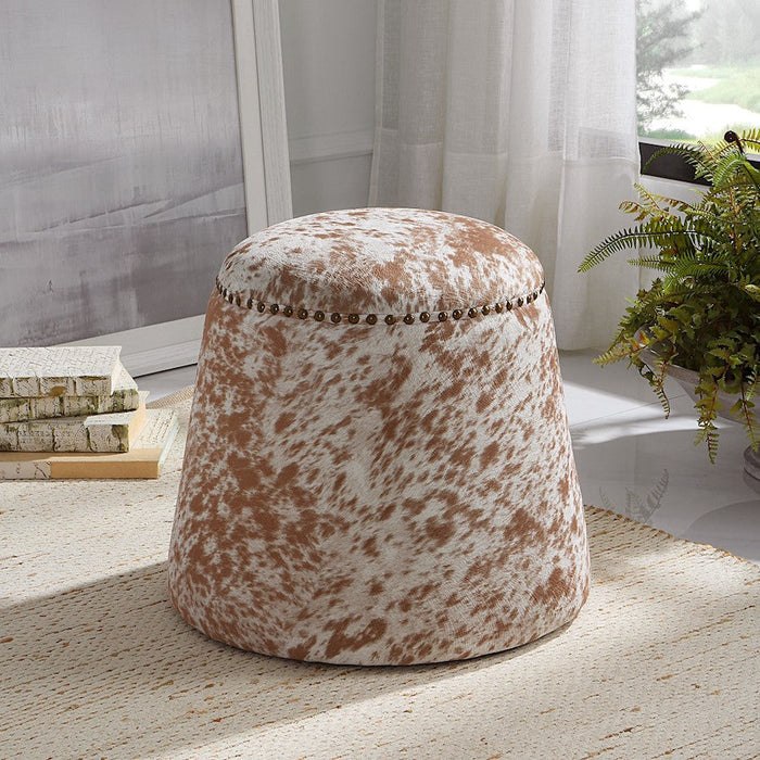 Uttermost Gumdrop Cow Hide Ottoman, White/Brass