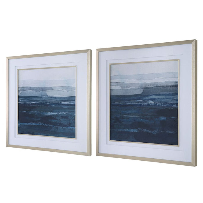 Uttermost Rising Blue Abstract Framed Prints, Brushed Gold, Set Of 2