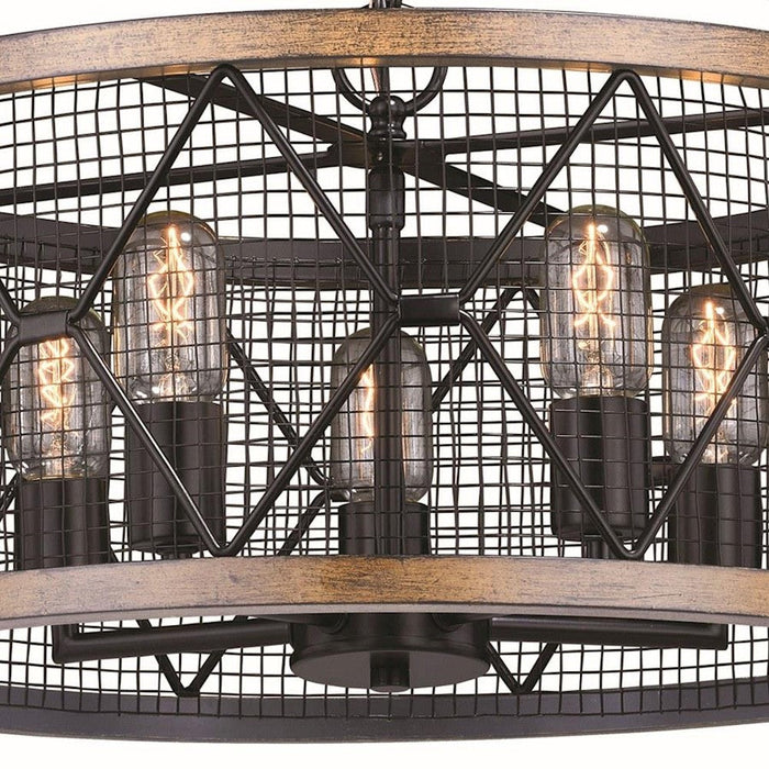 Vaxcel Bremerton 5 Light Drum Chandelier, Bronze/Wood Cage/Teak