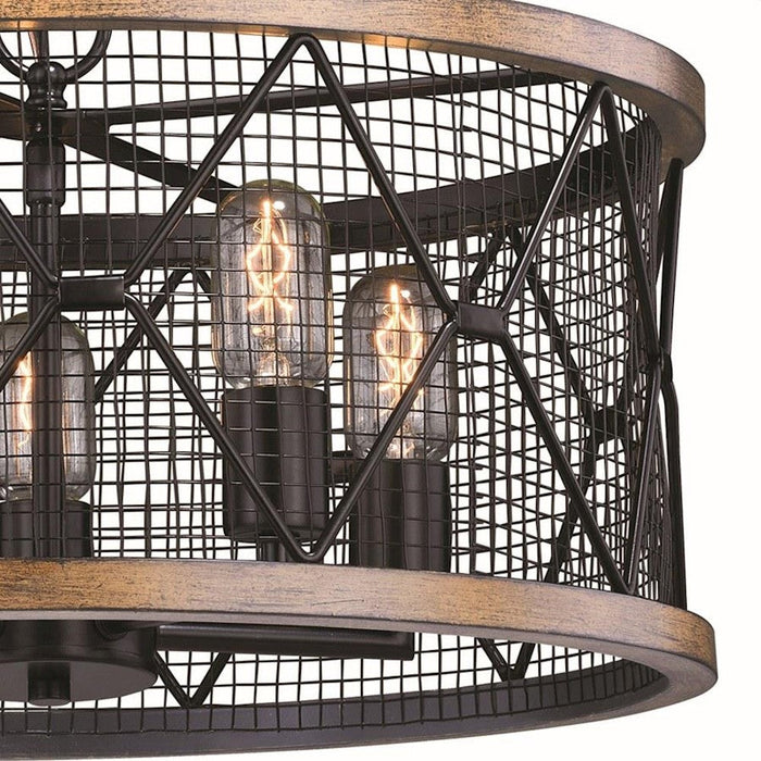 Vaxcel Bremerton 5 Light Drum Chandelier, Bronze/Wood Cage/Teak