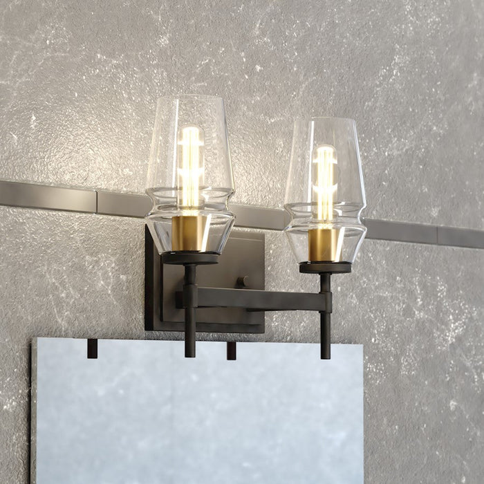 Vaxcel Warren 2 Light Vanity, Light Matte Black/Brushed Brass/Clear