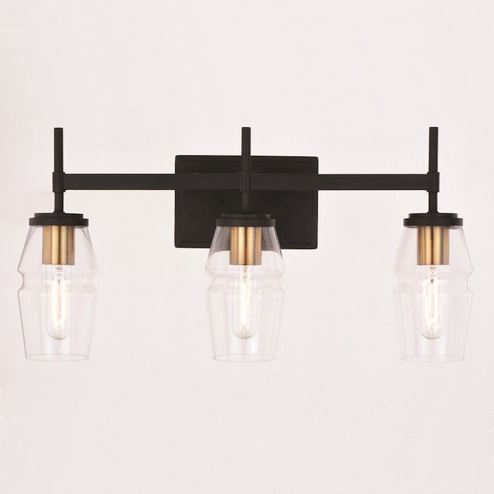 Vaxcel Warren 3 Light Vanity, Matte Black/Brushed Brass/Clear