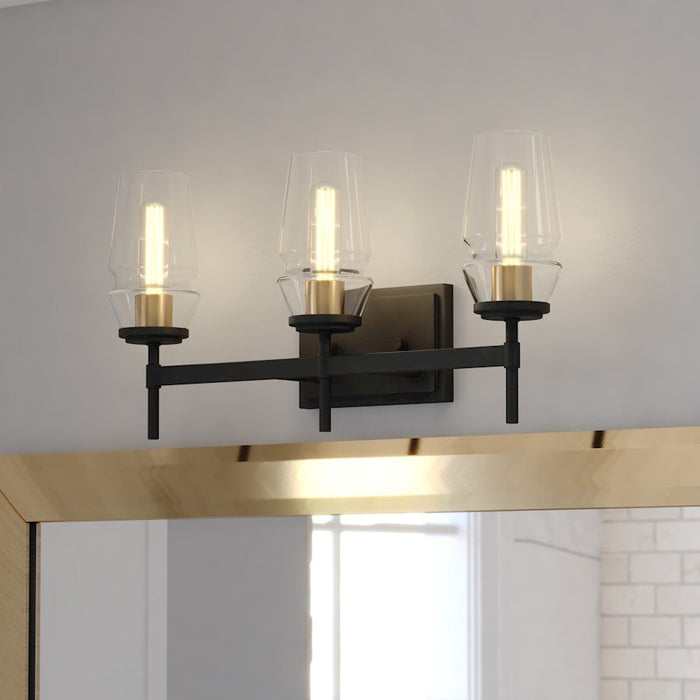 Vaxcel Warren 3 Light Vanity, Matte Black/Brushed Brass/Clear