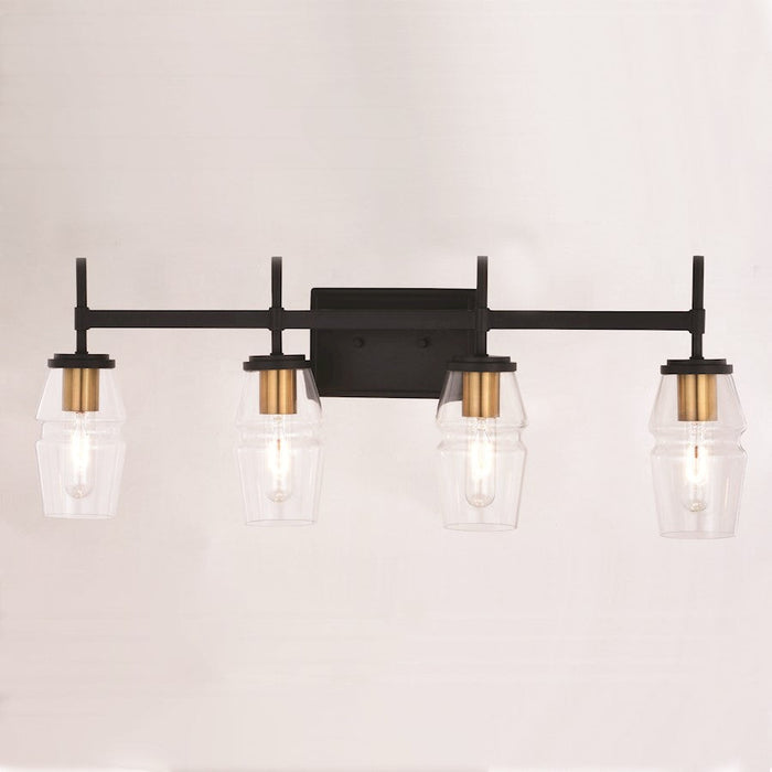 Vaxcel Warren 4 Light Vanity, Matte Black/Brushed Brass/Clear