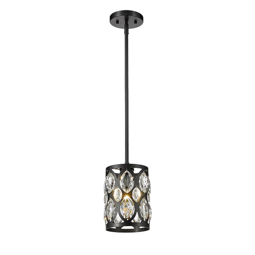 Z-Lite Dealey 1 Light 9" Mini Pendant, Black, Black/Clear Crystal
