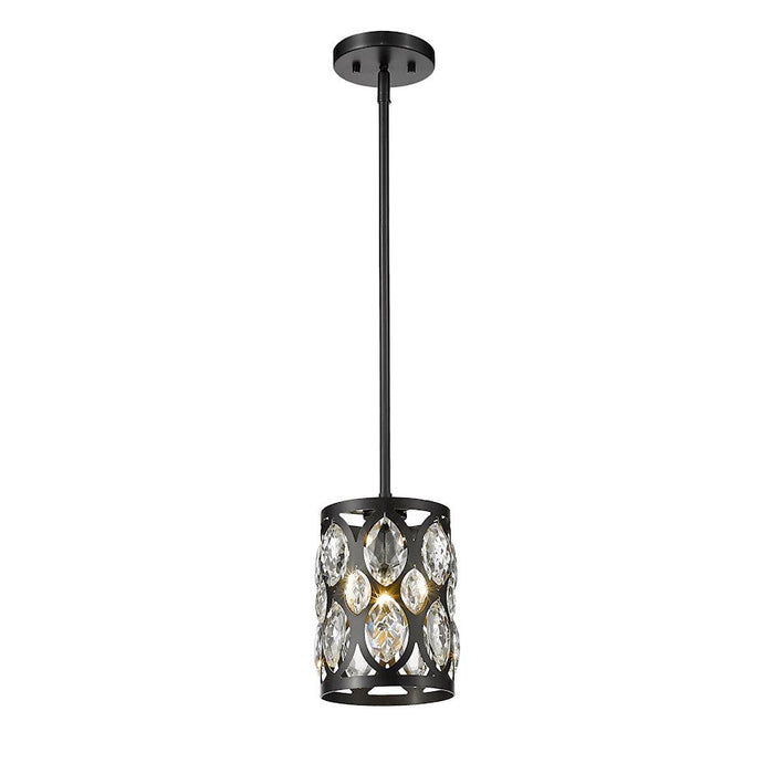 Z-Lite Dealey 1 Light 9" Mini Pendant, Black, Black/Clear Crystal