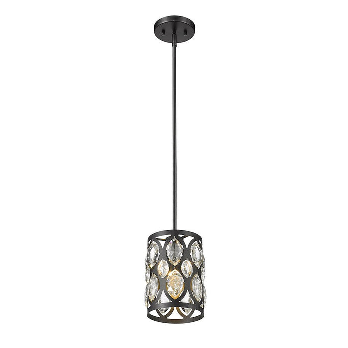 Z-Lite Dealey 1 Light 9" Mini Pendant, Black, Black/Clear Crystal